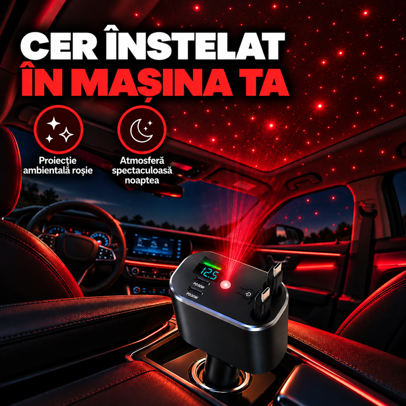 Încărcător auto cu cabluri retractabile și proiecție de stele
