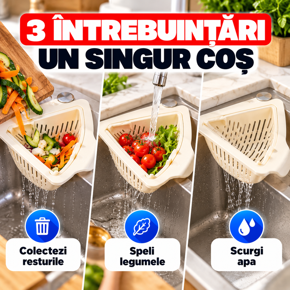 Coș multifuncțional pentru chiuvetă – colectează resturi și scurge legume