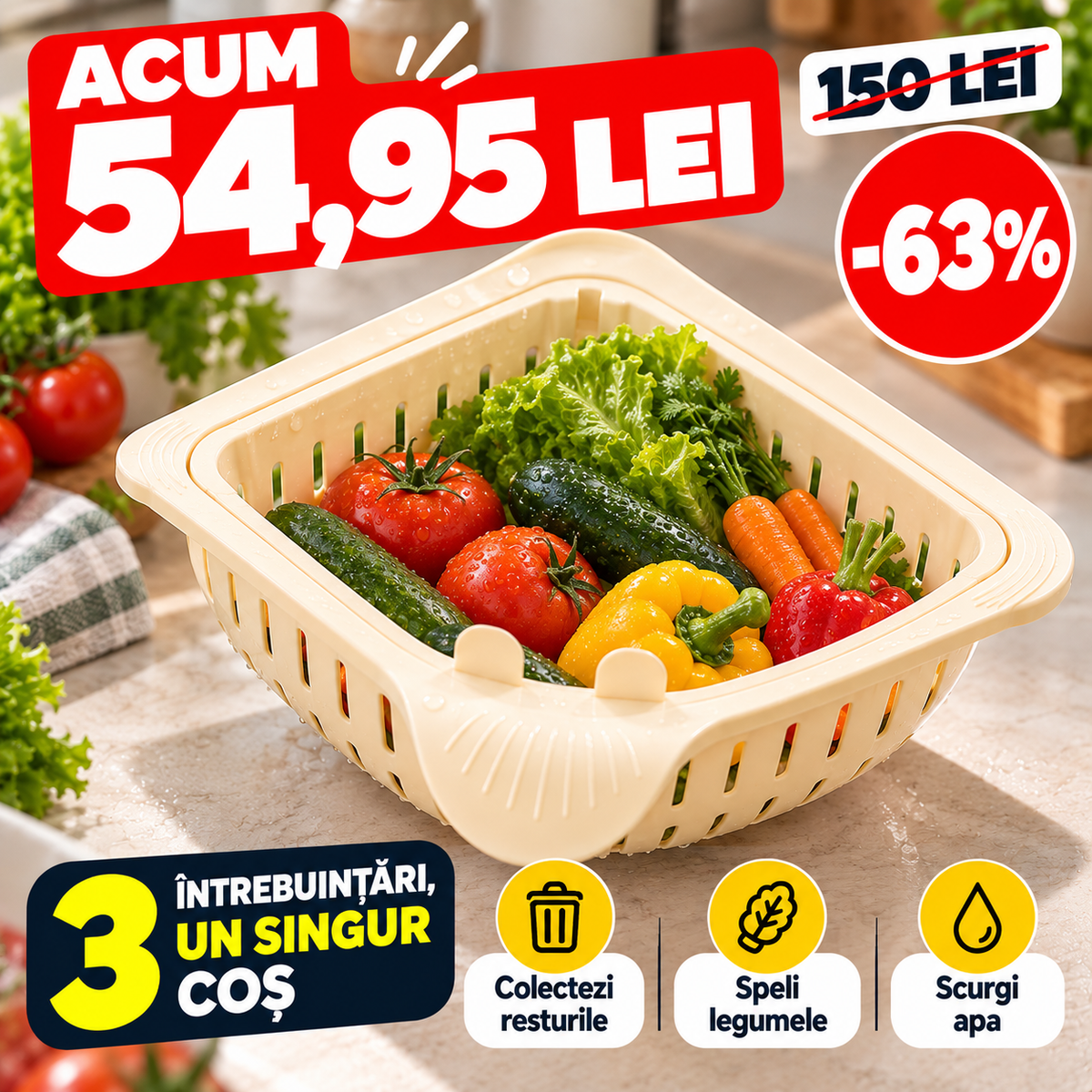 Coș multifuncțional pentru chiuvetă – colectează resturi și scurge legume