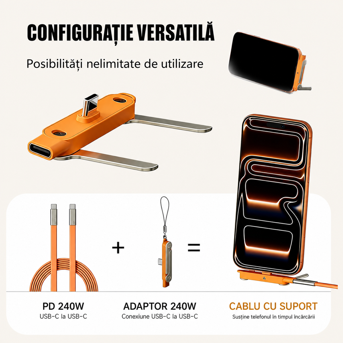 Cablu FastCharge 2-in-1 cu Stand pentru Telefon și Tabletă – USB-C 240W