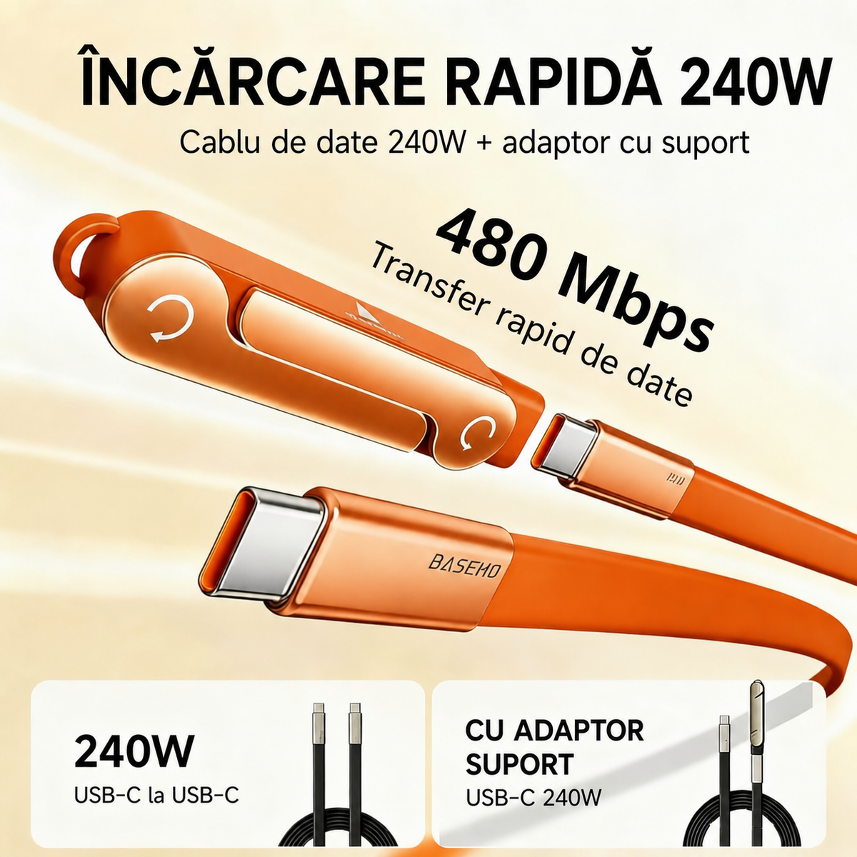 Cablu FastCharge 2-in-1 cu Stand pentru Telefon și Tabletă – USB-C 240W